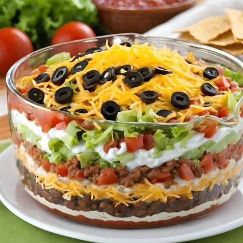 7 layer taco dip - Recipstep 7 Layer Taco Dip With Meat Ground Beef, Taco Dip With Meat, Taco Salad Dip, Seven Layer Taco Dip, Layer Taco Dip, Taco Dip Easy, 7 Layer Taco Dip, Layered Taco Salads, Easy Taco Salad Recipe