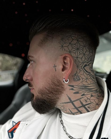 Full Throat Tattoo Men, Male Piercings, Bald Head Tattoo, Throat Tattoo, Coffee Tattoos, Neck Tattoo For Guys, Face Tattoos, Bald Heads, Head Tattoos