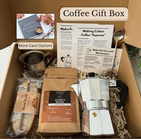 For the Coffee Lovers! ☕️❤️ Make the perfect Cafecito with our Moka Pot Coffee Gift Box. What’s Inside ✨ - Moka Pot (3 espresso cup) - Espresso Ground Coffee (3oz) - 2 Almond Biscottis - Espresso Spoon - Creamer Pitcher - 3 Instructional Cards - Personalized Card #coffeegiftbox #coffeelovers #etsycoffee #cubancoffee #cafecito #mokapot Wine Gift Box Ideas, Moka Pot Coffee, Coffee Kit, Coffee Basket, Coffee Gifts Box, Coffee Gift Sets, Cuban Coffee, Coffee Box, Creamer Pitcher