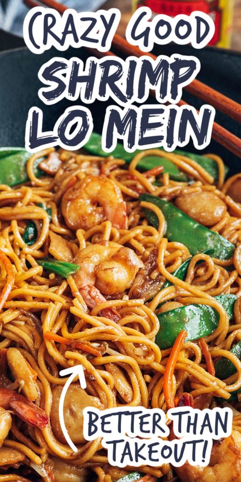 Make a takeout staple at home in 30 minutes, with just 15 minutes of cooking time! This Shrimp Lo Mein recipe with tender egg noodles, crispy vegetables, and juicy shrimp is easy to make and customize with your favorite add-ins. #shrimp #lomein #dinner Shrimp Lo Mein Recipe, Crispy Vegetables, Shrimp Lo Mein, Wok Recipes, Chow Mein Recipe, Homemade Chinese Food, Lo Mein Recipes, Juicy Shrimp, Arroz Frito