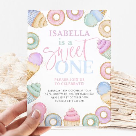 Sweet One Pastel Cupcake Donut 1St Birthday Invitation #zazzle #weddinginvitations #birthdayinvitations #babyshowerinvitations #zazzleinvitations #monogram #businesscards #graduation #homedecor Candyland First Birthday Party, Candyland First Birthday, Cupcakes Pastel, Candyland Invitations, Donut Invitation, Ice Cream Invitation, Cupcake Invitations, Sweet One Birthday, Donut Cupcakes