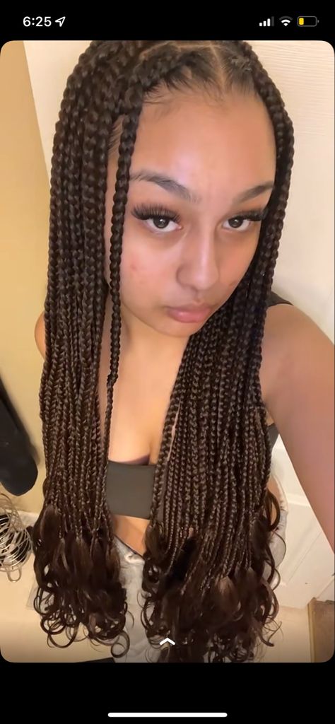 Dark Brown Braids With Curls, Chocolate Brown Goddess Braids, Brown Box Braids With Curly Ends, Dark Brown Box Braids, Color 4 Braids, Chocolate Brown Braids, Dark Brown Braids, Brown Box Braids, 4 Braids