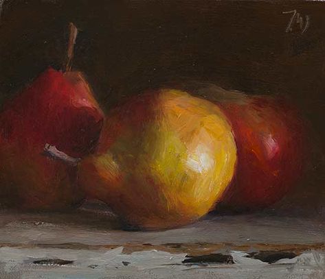 daily painting titled Two pears and an apple - click for enlargement Autumn Still Life, Food Art Painting, Pear Art, Art Tutor, Still Life Fruit, Fall Fruits, Fruit Painting, Daily Painting, Painting Still Life