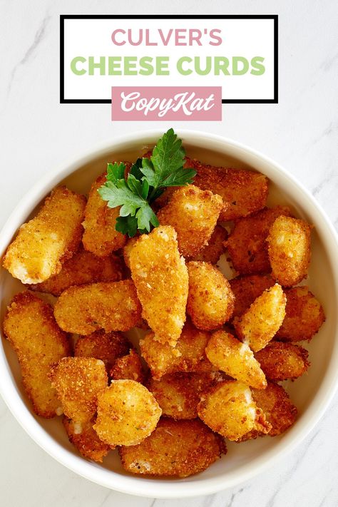 Find out how to make Culver's Fried Cheese Curds at home with this easy copycat recipe. No batter needed for this simple recipe. Cheese curds are breaded with flour, egg, and breadcrumbs and deep fried. These homemade fried cheese curds are crunchy and have great flavor. Culvers Cheese Curds, Fried Cheese Curds Recipe, Homemade Cheese Curds, Cheese Curds Recipe, Fried Cheese Curds, Butter Burgers, No Beer, Fried Cheese, Chicken Sandwich Recipes