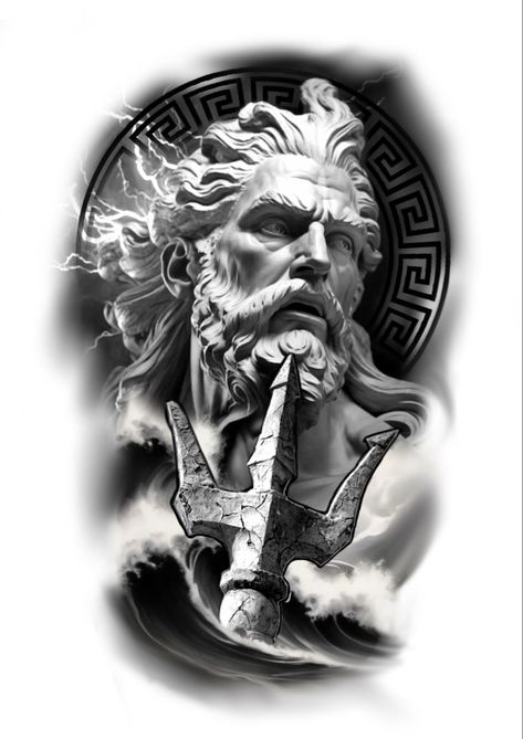 Poseidon Tattoo Design, Zeus Tattoo Design, Upper Back Tattoo, Back Tattoo Designs, Jesus Tattoo Design, Zeus Statue, Greek God Tattoo, Arm Tattoos Drawing, Poseidon Tattoo