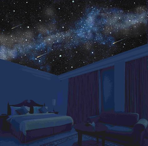 Stargazing Bedroom, Night Sky Bedroom Ceiling Stars, Nightsky Themed Bedroom, Night Sky Interior, Space Aesthetic Bedroom, Stargazing Room, Nighttime Bedroom, Day And Night Sky Ceiling, Ceiling Painted Like Night Sky