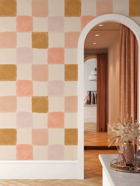 Quirky Accent Wall, Pink Ochre Bedroom, Paint A Checkered Wall, Wall Decor Renter Friendly, Painting Classroom Walls, Checkered Decor Ideas, Checkered Wall Paint, Classroom Accent Wall, Wall Papering Ideas Living Room