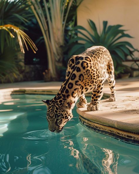 A leopard quenches its thirst at a swimming pool in Saint Tropez, blending wild grace with the luxury of the French Riviera. Leopard Animal Aesthetic, Leopard Aesthetic Vintage, Cute Cheetah Print Wallpaper, Cheetah Quotes, Vintage Designer Aesthetic, Glamour Cheetah, Leopard Glamour, Leopard Print Aesthetic, Animal Print Aesthetic