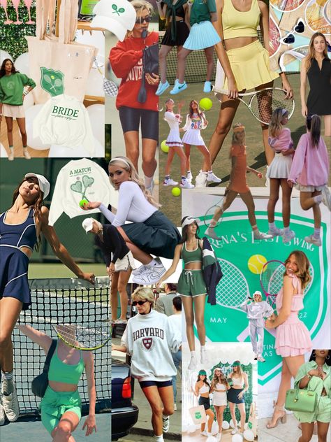 Bachelorette Party Themes Aesthetic, Tennis Work Week Theme, Country Club Bachelorette Aesthetic, Tennis Hens Party, Wimbledon Party Outfit, Golf Bid Day Theme, Wimbledon Birthday Party, Country Club Sorority Theme, Perfect Match Tennis Bid Day Theme