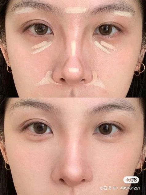 Japanese Nose Contour, Makeup Ideas Under Eyes, Korean Nose Makeup, Nose Countering Tutorial, Wide Button Nose Contour, Korean Makeup Contour, Triple Eyelid Makeup, Concealer Placement Chart, Cute Makeup Looks Aesthetic Natural