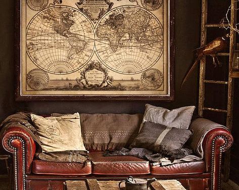 Vintage Industrial Living Room, Explorer Bedroom, Dark Nautical Aesthetic, Dnd Decor, Pirate Map, Dark Bedroom Furniture, Pirate Room, Office Themes, Campaign Furniture