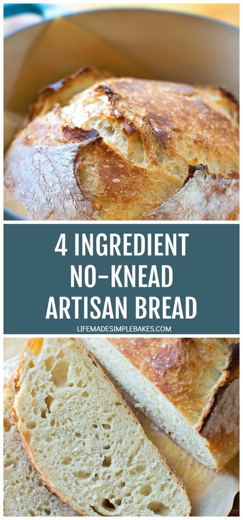 This 4 ingredient no-knead artisan bread is sure to become a family favorite. It's so easy to make, it's practically fool-proof! #noknead #bread #artisanbread #4ingredientbread #nokneadbread No Knead Artisan Bread, Artisan Bread Recipe, Life Made Simple, Buttermilk Cornbread, Fluffy Dinner Rolls, Artisan Bread Recipes, No Knead Bread, No Knead, Fool Proof Recipes