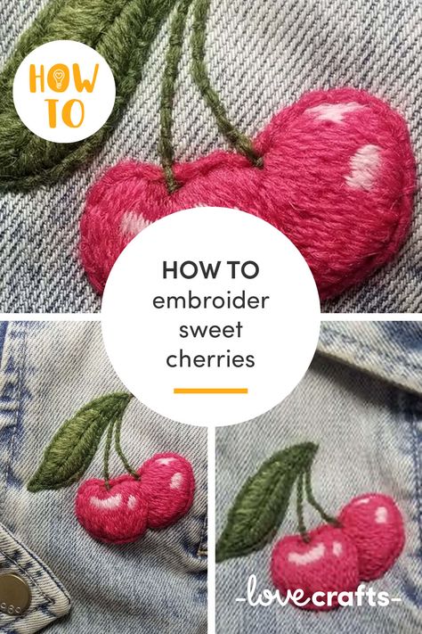 Cherry Embroidery Tutorial, Embroidered Cherries, Sophie Long, Old Jacket, Couching Stitch, Cherry Embroidery, Long And Short Stitch, Pink Stitch, Thread Up