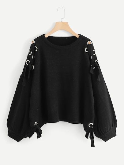 Shop Plus Lantern Sleeve Grommet Knot Jumper online. SheIn offers Plus Lantern Sleeve Grommet Knot Jumper & more to fit your fashionable needs. Áo Blu, Sweater Lace, Knot Sweater, Sweaters Black, Front Sweater, Black Pullover, Crop Top Outfits, Bishop Sleeve, Bold And Beautiful