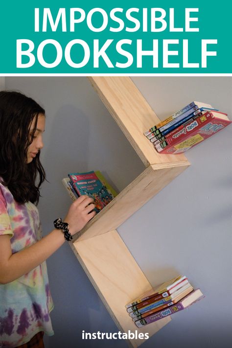 The impossible bookshelf looks as if all the books should just slide right off, but with cleverly placed metal flaps, everything stays where it should.  #Instructables #workshop #woodshop #woodworking #carpentry #storage #organization #furniture #reuse #illusion #shelving Revolving Bookcase Diy, Innovative Book Shelves, Wood Working Book Shelf, Homemade Shelf Small Book, Woodworking Plans Wall To Wall Bookshelves, Hidden Door Bookcase, Diy Storage Shelves, Diy Kids Furniture, Secret Storage