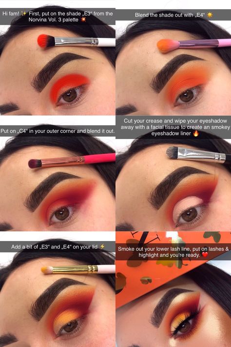 Eyeshadow Looks For Orange Outfit, Fall Makeup Looks Step By Step, Red And Yellow Makeup Looks, Orange Eye Shadow Looks, Jeffree Star Pricked Palette Looks, Sunset Eyeshadow Tutorial Step By Step, Red And Black Eyeshadow Step By Step, Lion King Makeup Looks, Orange Eyeshadow Looks Step By Step