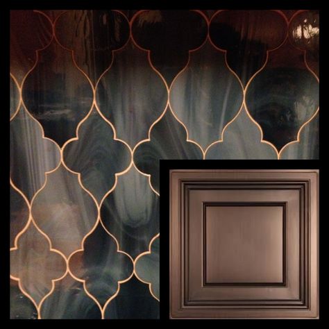 Bronze cabinets/Black and Bronze backsplash #kitchen Black Painted Backsplash Kitchen, Bronze Backsplash Kitchen, Moody Kitchen Backsplash, Black And Gold Backsplash, Dark Backsplash Kitchen, Dark Kitchen Backsplash Ideas, Black Backsplash Kitchen, Dark Tile Backsplash, Rustic Glam Kitchen