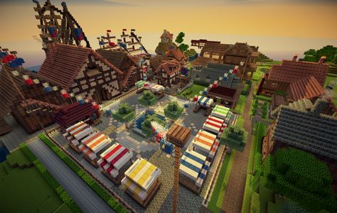 Minecraft Village Shops Ideas, Cute Villager Trading Hall, Minecraft Festival Ideas, Minecraft Village Centerpiece, Minecraft Village Details, Village Market Minecraft, Minecraft Market Square, Minecraft Village Square, Market Place Minecraft