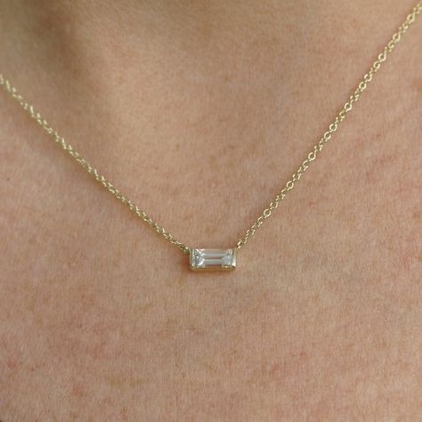 Horizontal Baguette Cut Diamond Necklace 14K Gold Diamond | Etsy Hong Kong Bagette Necklace, Gold Necklace Diamond, Baguette Diamond Necklace, Traditional Necklace, Baguette Necklace, Mommy Jewelry, Diamond Pendants Designs, Bezel Necklace, Diamond Pendants