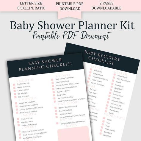 If you are looking for something a little simpler this 2-page baby shower planner kit is just what you need. Included in the pack is a printable pdf document baby shower planning checklist and a baby registry checklist. See more party ideas and share yours at CatchMyParty.com #catchmyparty #partyideas #babyshower #babyshowerplanner #printablebabyshowerplanner Baby Shower Planner Printable Free, Baby Shower Checklist Planners, Baby Shower Planning Checklist, Baby Shower Party Planning, Baby Shower Planner, Baby Shower Checklist, Baby Boy Shower Party, Baby Registry Checklist, Registry Checklist