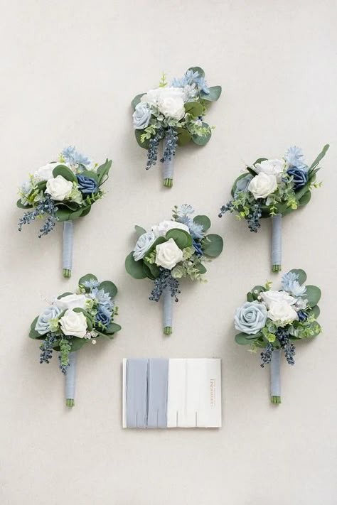 Blue and white is a perfect color palette for the bride who wants her wedding decor to feel light and airy. It gives us those gentle belle vibes and we absolutely love it! These colors are perfect for a seaside wedding. This color combination makes your event full of romance and sophistication. PACKAGE DETAILS: Package Dusty Blue Bridesmaid Bouquet, Blue White Wedding Flowers, Blue Bridesmaid Bouquet, Bouquets For Bridesmaids, Dusty Blue Bridesmaid, Baby Blue Weddings, Blue White Weddings, Bridal Bouquet Blue, Blue Wedding Bouquet