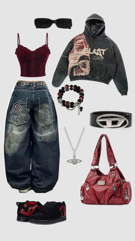 Baggy fit Baggy Chill Outfit, Baggy Clothes For School, Diy Baggy Jean Designs, Fashion Tomboy Style, 2000 Baggy Outfits, Y2k Outfits Cold Weather, Baggy Girly Outfits, 2000s Fashion Outfits Baggy, Y2k Fashion Board