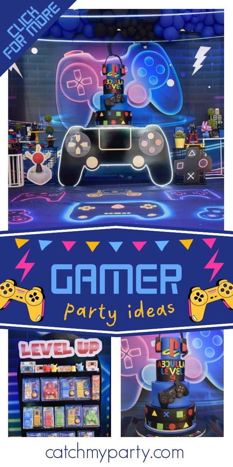 Check out this epic video games birthday party! The video game stations are incredible! See more party ideas and share yours at CatchMyParty.com Gaming Party Ideas Boys, Gamer Party Ideas Boys, Video Game Party Ideas, Video Game Theme Party, Game Theme Birthday Party, Gamers Party Ideas, Video Game Party Theme, Planing Ideas, Games Birthday Party