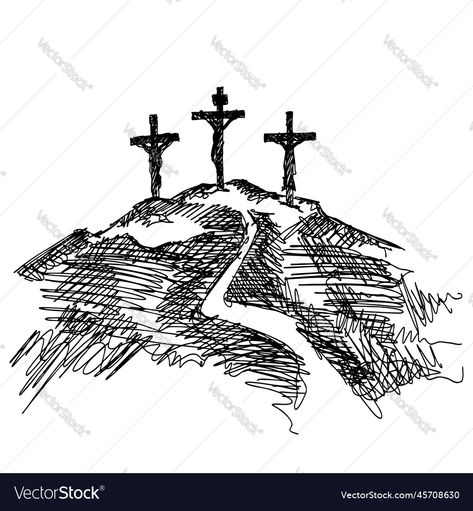 Mount Calvary Tattoo, Cross On A Hill Tattoo, Three Crosses On A Hill Tattoo, Crossroads Drawing, 3 Crosses On A Hill, Christian Illustration Art, Three Crosses On A Hill, Cross On A Hill, Calvary Hill