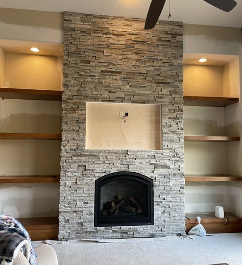 Stone Fireplace Floating Shelves, Fireplace With Stone Wall, Stone Around Fireplace, Fireplace Floating Shelves, Lake House Great Room, Fireplace With Stone, Gas Fireplace Ideas Living Rooms, Stone Fireplace Designs, House Fireplace