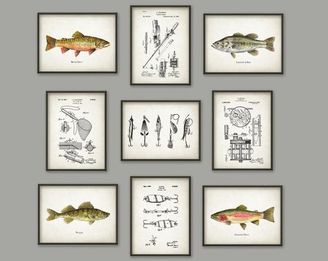 QuantumPrints - Etsy Fishing Themed Bedroom, Fishing Bedroom, Patent Art Prints, Fishing Room, Fishing Decor, Patent Art, Fishing Theme, Big Boy Room, Vintage Fishing