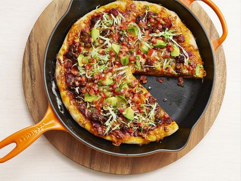 Skillet Taco Pizza Recipe | Food Network Kitchen | Food Network Skillet Taco, Taco Pizza Recipes, Refrigerated Pizza Dough, Skillet Pizza, Food Network Chefs, Taco Pizza, Easy Meal Ideas, Cheesy Bread, Fire Roasted Tomatoes