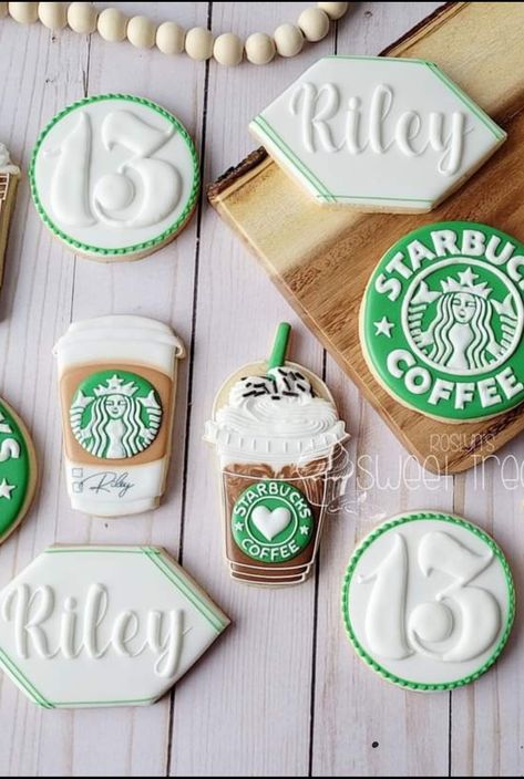 Starbucks Themed Cookies, Starbucks Cookies Decorated, Frappy Birthday, Starbucks Themed Birthday Party, Starbucks Anniversary, Starbucks Cookie, Starbucks Birthday Party, Starbucks Cookies, Starbucks Party