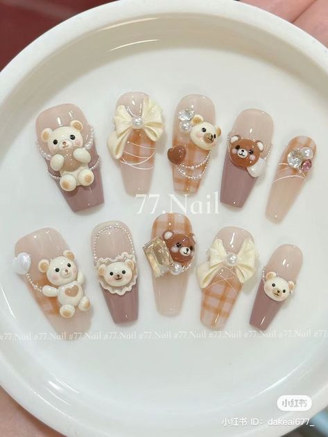 Kawaii Bear Nails, Teddy Bear Charm Nails, Teddy Nail Art, Bear Nails Designs, Nails Teddy Bear, Cute Bear Nails, Teddy Nails, Teddy Bear Nails, Nail Kawaii