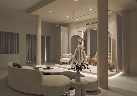 Luxury Bridal Suite, Bridal Salon Interior, Wedding Store Interior Design, The Ivory Room Bridal, Fitting Room Aesthetic, Modern Boutique Interior, Bride Dressing Room, Dress Showroom, Bridal Shop Interior