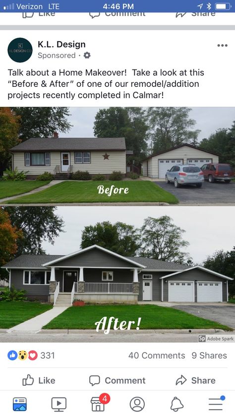 Love the blue and white ranch and attached 2 car garage. Perfect Renovation Facade, Ranch House Remodel, House Makeovers, Ranch Remodel, Porch Addition, Home Exterior Makeover, Exterior Makeover, Casa Container, Exterior Remodel