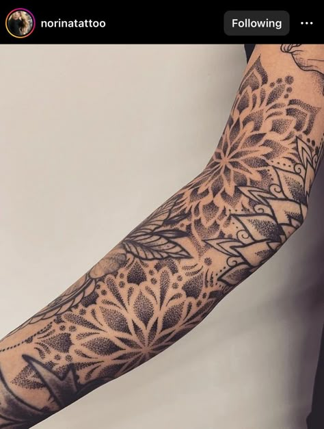 Mandala Dot Work, Mandala Tattoo Sleeve Women, Mandala Tattoo Ideas, Tattoo Sleeve Filler, Floral Mandala Tattoo, Behind Ear Tattoos, Polynesian Tattoo Designs, Intricate Art, Elbow Tattoos