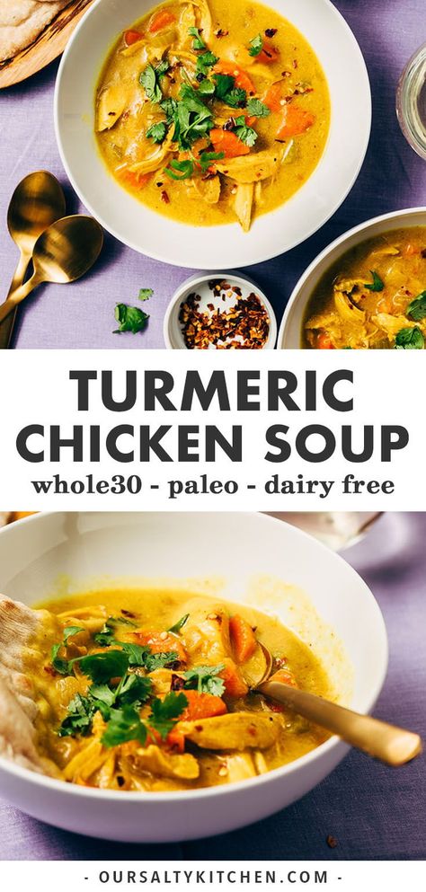 Turmeric Chicken Soup, Leftover Roasted Chicken, Root Soup, Easy Soup Recipe, Soup Paleo, Turmeric Soup, Turmeric Chicken, Fresh Turmeric Root, Paleo Soup