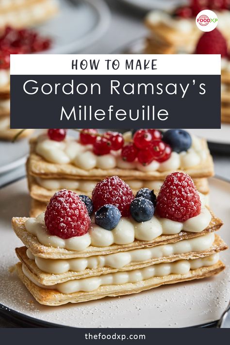 You will be amazed at how easy it is to make this french Millefeuille by using Gordon Ramsay's recipe. This recipe is the ultimate afternoon tea treat. Check it out on the THEFOODXP official website. #gordonramsaymillefeuille #gordonramsaymillefeuillerecipe #gordonramsayrecipes #millefeuille #millefeuilerecipe #raspberriesmillefeuille Gordon Ramsay Desserts, Gordon Ramsay Recipes Desserts, Easy Gordon Ramsay Recipes, Easy French Desserts, Easy Millefeuille Recipe, Mille Fuelle Recipe, Mille Feuille Recipe, Millefeuille With Ricotta, Millefeuille Recipe