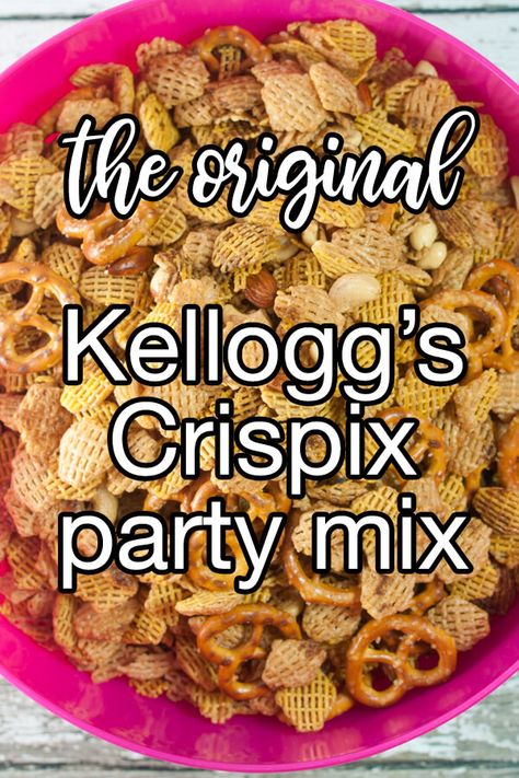 The Original Kellogg's Crispix Mix - A crunchy, savory snack made from your favorite cereals, pretzels, and nuts. | CDKitchen.com Cereal Recipes Snacks, Crispix Snack Mix Recipe, Crispix Snack Mix, Savory Chex Mix Recipes, Xmas Snacks, Chex Mix Recipes Sweet, Chex Mix Recipes Original, Chex Snack Mix, Crispix Cereal