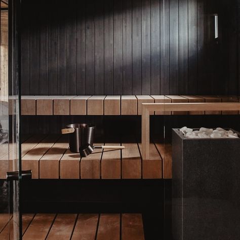 The Saltwater Sauna on Instagram: “Bucket & ladle inspiration by @rentosauna; black colour-anodised aluminium and heat-treated bamboo, a perfect match for the black stained…” Black Sauna Interior Design, Sauna Design Interior, Black Outdoor Sauna, Black Sauna, Dark Sauna Interior, Wood Fired Saunas, Wood Fired Sauna, Cedar Interior, Sauna Bathroom