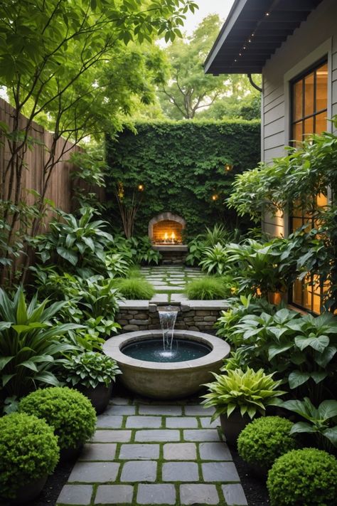 Garden Entertaining Area, Fountain In Courtyard, Savannah Courtyard Gardens, Paved Garden Ideas Backyard Designs, English Garden Backyard Design, Outdoor Lawn Decor Ideas, Modern Cottage Garden Design, European Courtyard Garden, Beautiful Garden Ideas Landscaping