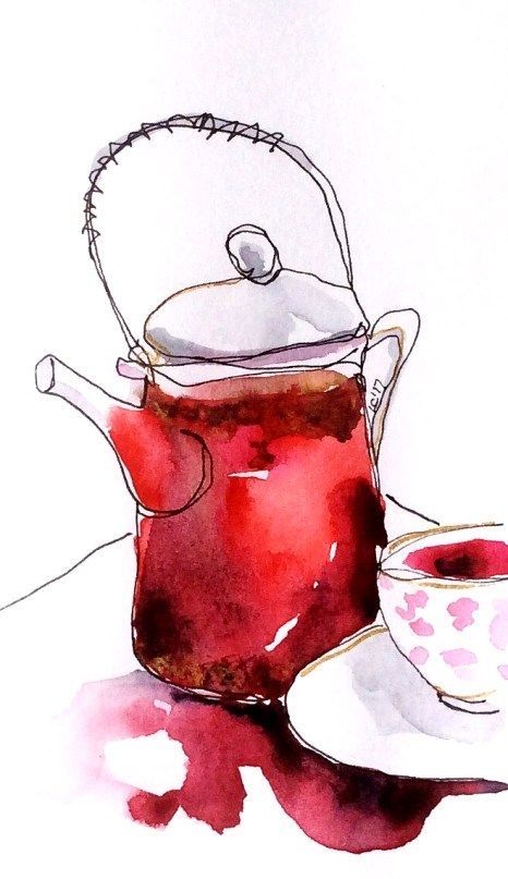 Ink Watercolor Illustration, Tea Watercolor Painting, Loose Sketching Watercolor Painting, Watercolor Paintings Food, Cool Watercolor Paintings, Ink And Watercolor Art, Loose Watercolor Paintings, Watercolour Inspiration, Watercolor Projects