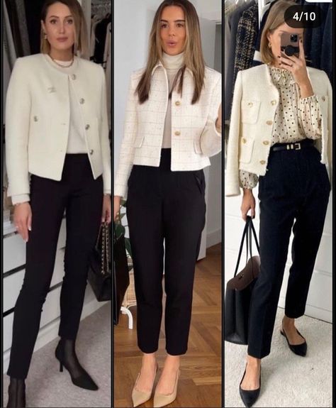 Short White Blazer Outfit, Short Blazer Outfits For Women, White Blazer Outfit Work, Channel Tweed, Outfit For Short Women, Black Jacket Outfit, Tweed Jacket Outfit, White Blazer Outfits, Job Clothes