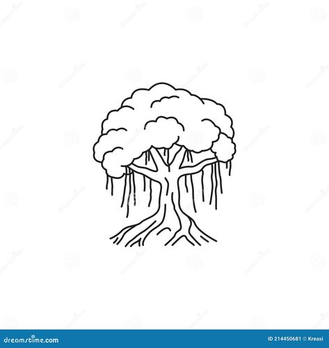 Line drawing banyan tree vector illustration. Banyan Tree Drawing, Oak Tree Drawings, Tree Vector Illustration, Tree Outline, Tree Doodle, Abstract Animal Art, Tree Icon, Nature Sketch, Book Tree