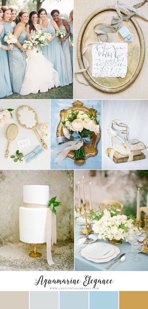 Aquamarine Elegance - Romantic Spring Wedding Inspiration in Aquamarine Blue & Elegant Neutrals Romantic Spring Wedding, Aquamarine Wedding, Wedding Collage, Top Wedding Trends, Chic Vintage Brides, Wedding Color Trends, Spring Wedding Decorations, Blue Wedding Inspiration, Vintage Brides