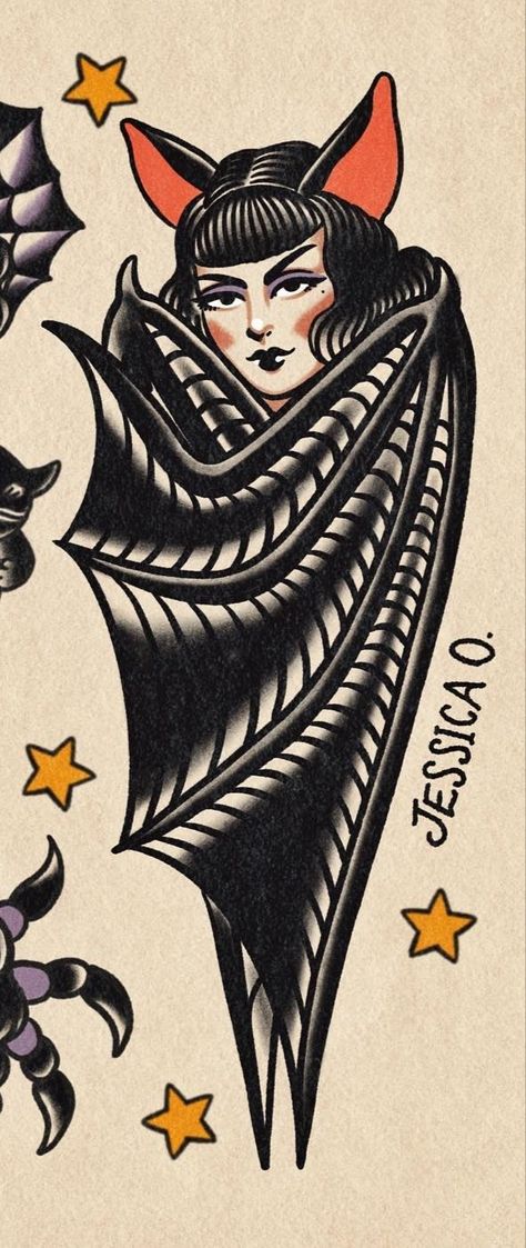 Traditional Bat Lady Tattoo, Bat Pinup Tattoo, Trad Vampire Tattoo, Overlook Hotel Tattoo, Trad Horror Tattoo, Traditional Bat Face Tattoo, Traditional Dracula Tattoo, Vampire Pinup Tattoo, Bat Woman Tattoo