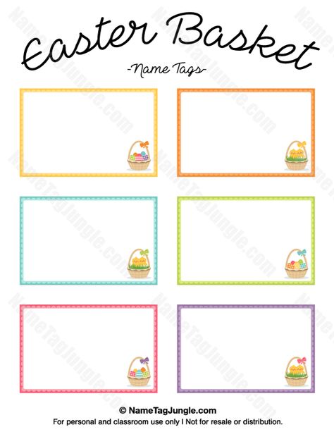 Free printable Easter basket name tags. The template can also be used for creating items like labels and place cards. Download the PDF at http://nametagjungle.com/name-tag/easter-basket/ Spring Name Tags, Cubby Name Tags, Easter Name Tags, Easter Basket Name Tags, Simple Easter Baskets, Name Tag Templates, Create Labels, Tag Templates, Easter Tags