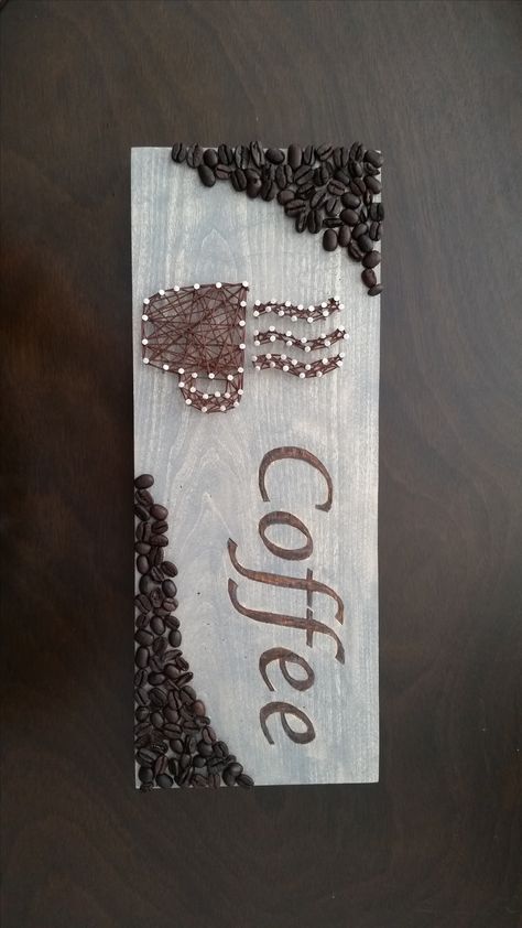 My recent homemade wood burning and string art project Art Using Coffee, فن الرسم بالمسامير, Coffee Bean Art, Student Crafts, Nail String, Steampunk Crafts, String Wall Art, Nail String Art, String Crafts