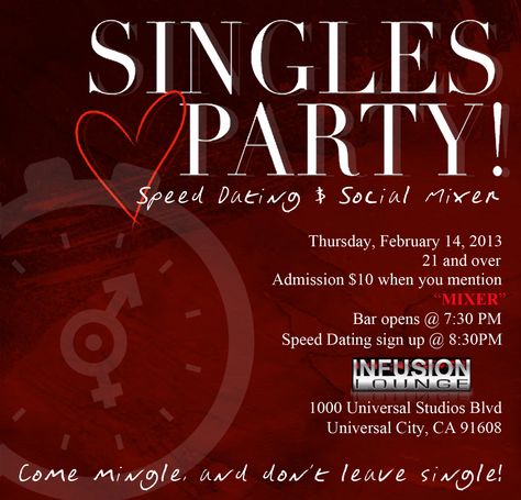 SINGLES PARTY- SPEED DATING & SOCIAL MIXER  Come have fun and support The Fashion Show Production Class at Singles Party- Speed Dating & Social Mixer at Infusion Lounge on Thursday February 14th. Click here for more details:  http://theainsider.blogspot.com/2013/02/singles-mixer-come-support-fashion-show.html Single Travel, Singles Night, Singles Events, Social Circle, Divorce Quotes, Speed Dating, Flirting Moves, Dating Again, Single Dating