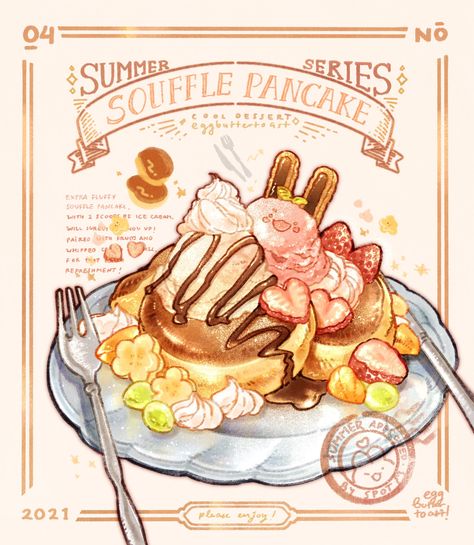 Nao ☕🌨️ on Twitter: "Here to bring you more summer treats!! 🥞🍹🧊 ✨✨ would you like to order this set of pancake and cream soda, to ease the heat? Surely they can help you to cool down! ❄️… https://t.co/DrVOoMZGJW" Souffle Pancake, Pancake Dessert, Souffle Pancakes, 귀여운 음식 그림, Foodie Art, Food Artwork, Food Sketch, Food Illustration Art, Food Fantasy